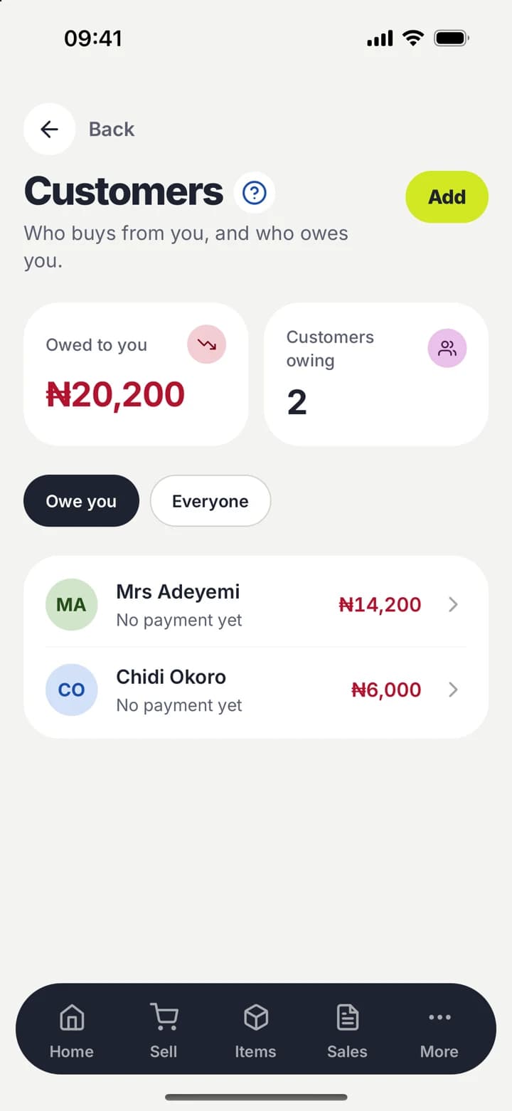 Antly One customers screen listing who owes the business and how much