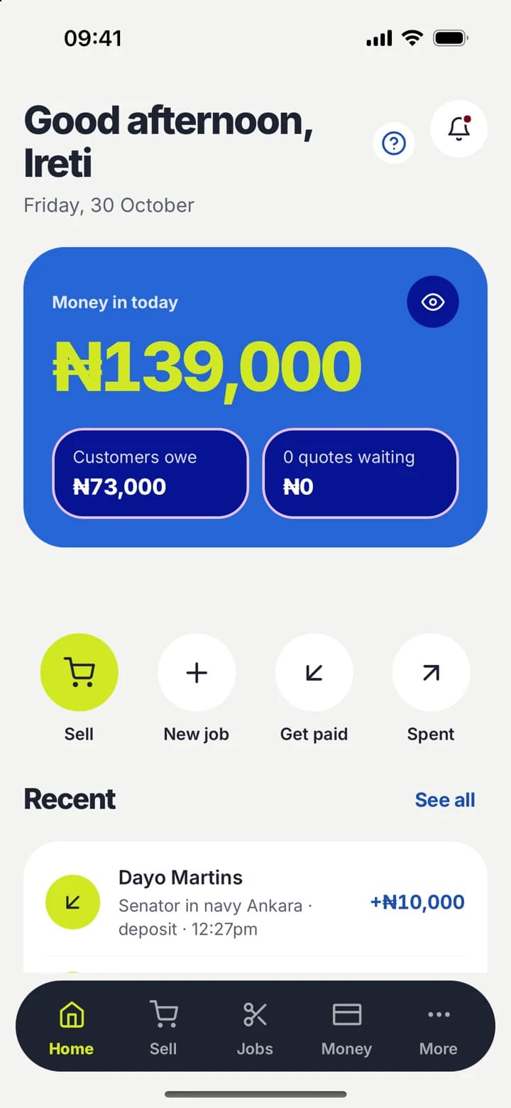 Antly One home screen showing money in today, what customers owe and quick actions